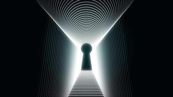 Abstract animation of neon keyhole icon forming the tunnel on black background. Animation. Concept of access video