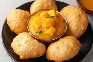 AI generated Delicious mango pulp with puri on a plate, gudi padwa sweets and cuisine concept photo