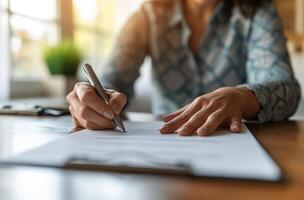 AI generated Person at desk signing paper, education paperwork concept photo