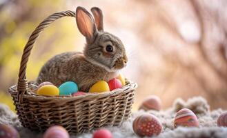 AI generated Cute bunny sits in a basket with vibrant colored eggs creating an adorable easter scene, easter bunny picture photo