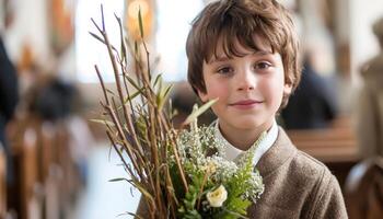 AI generated A joyful boy holds willow branches in church, children in palm sunday concept photo