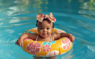 ai generado linda bebé niña felizmente flotadores en un nadando piscina con un inflable anillo, niños y agua foto