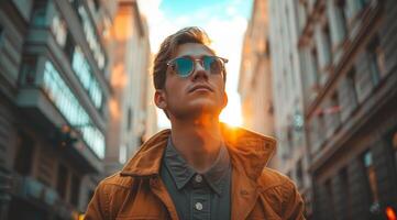 AI generated Man stands confidently on city street wearing sunglasses, fashion image photo