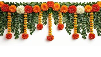 ai generado vibrante indio festivo guirnalda en un blanco fondo, gudi Padwa decoración foto