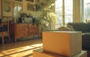 ai generado varios cajas arreglado en un vivo habitación, Moviente día imagen foto