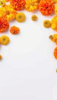 AI generated Vibrant orange and yellow marigold flowers arranged on a white background, gudi padwa decoration photo