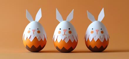 AI generated Three easter eggs with a cute bunny head create a festive decoration for easter celebrations, easter decorations picture photo