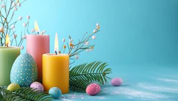 ai generado Pascua de Resurrección huevos velas con sauce ramas y palma hojas en un azul fondo, palma domingo decoraciones concepto foto