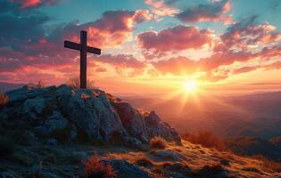 AI generated Cross on mountain top overlooking sunset, palm sunday sunset photo