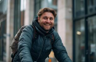 AI generated Happy man rides bicycle outside city building, fashion and style image photo