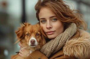 AI generated Woman holding dog outside building enjoying a sunny day, fashion image photo