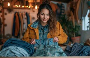 AI generated Woman placing clothes in a box for donation, packing and decluttering photo