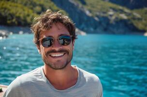 AI generated Smiling man in sunglasses by blue lake enjoying the serene view with joy and relaxation, best fashion photo