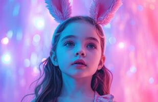 AI generated Adorable girl with bunny ears, easter fashion concept photo