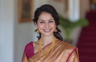 ai generado indio mujer en marathi sari sonriente a el cámara, gudi Padwa tradicional ropa foto