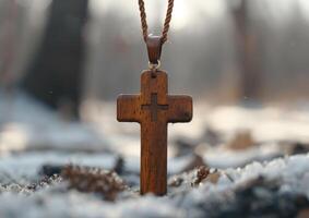 AI generated Simple wooden cross pendant a rustic piece of jewelry, palm crosses picture photo