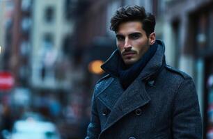 AI generated Man wearing coat on city street, latest fashion trends image photo