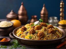 AI generated delicious arabiq chicken biryani on ramadan. delicious ramadan iftar food image. AI generated photo