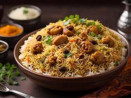 AI generated delicious arabiq chicken biryani on ramadan. delicious ramadan iftar food image. AI generated photo