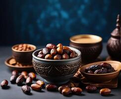 AI generated A bowl of dates and nuts on a muslim ramadan background generated By Ai. photo