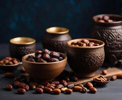 AI generated A bowl of dates and nuts on a muslim ramadan background generated By Ai. photo