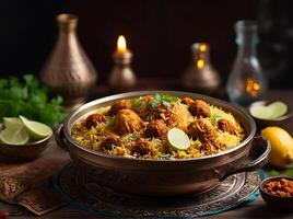 ai generado delicioso árabe pollo Biryani en Ramadán. delicioso Ramadán iftar comida imagen. ai generado foto