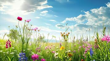 ai generado vibrante flores silvestres en un prado debajo un azul cielo. foto