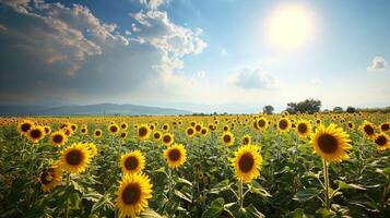 AI generated Delicate yellow sunflower blooming in a meadow under a blue sky. photo