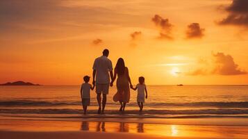 ai generado familia disfrutando un hermosa playa puesta de sol foto