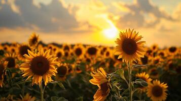 AI generated Golden sunflowers in a field at sunset under a cloudy sky. photo