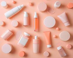 AI generated Flat lay. Set of cosmetic products on a pink background. photo