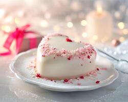 AI generated Delicate white heart-shaped cake for Valentine's Day. photo