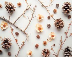AI generated Pine cones, flowers and branches on a white background. Flat lay, top view photo