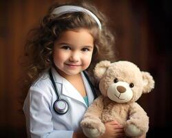 ai generado linda pequeño niña jugando médico con estetoscopio y osito de peluche oso foto