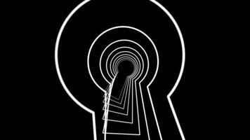 Abstract animation of neon keyhole icon forming the tunnel on black background. Animation. Concept of access video