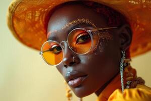 AI generated Portrait of an African woman with tattoos on her face in orange clothes and glasses on a white background photo