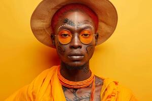 AI generated Portrait of an African man with tattoos on his face in orange clothes and glasses on a white background photo