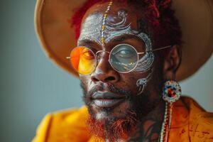 AI generated Portrait of an African man with tattoos on his face in orange clothes and glasses on a light background photo