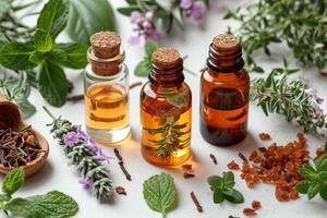 AI generated vials of essential oil and herbs on a white background. The concept of health photo