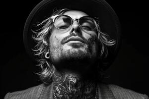 AI generated fashionable portrait of a young man with tattoos on a black background photo