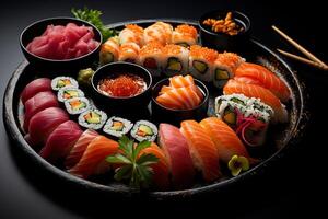 AI generated closeup large assorted set of delicious sushi and roll on plate on black background photo