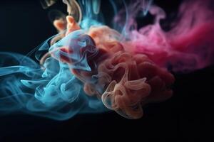 AI generated Abstract image of blue and pink clouds of smoke mixing on a dark background photo