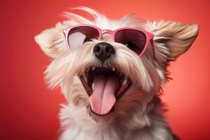 AI generated cute happy white fluffy dog in red sunglasses on a bright red background photo