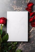 AI generated vertical mockup white blank paper sheet with red rose top view on black marble stone, template empty card flat lay with copy space photo