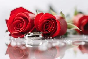 AI generated A wedding silver ring lies next to red roses on a white background. photo