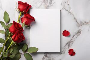 AI generated mockup white blank paper sheet with red roses top view on marble background, template empty card flat lay with copy space photo