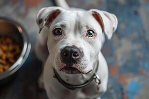 AI generated white pitbull dog asking food photo