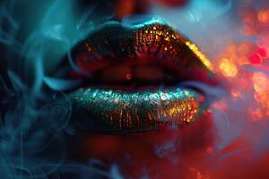 AI generated colorful closeup of a female lips exhaling smoke photo