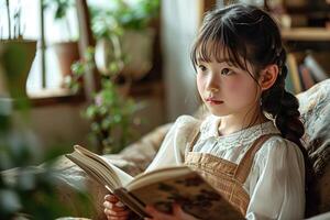 ai generado linda pequeño asiático niña leyendo un libro en un brillante moderno vivo habitación foto