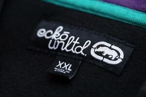 KYIV, UKRAINE - 4 MAY, 2023 Ecko Unltd company logo on new brand clothes photo